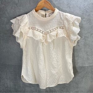 Loft Eyelet Swiss Dot Ruffle Sleeve Top Mock Neck Blouse XXS Cottagecore